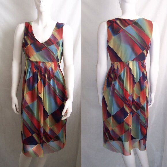 CYNTHIA STEFFE Rainbow Print Mesh Shift Midi Dress - Picture 1 of 9